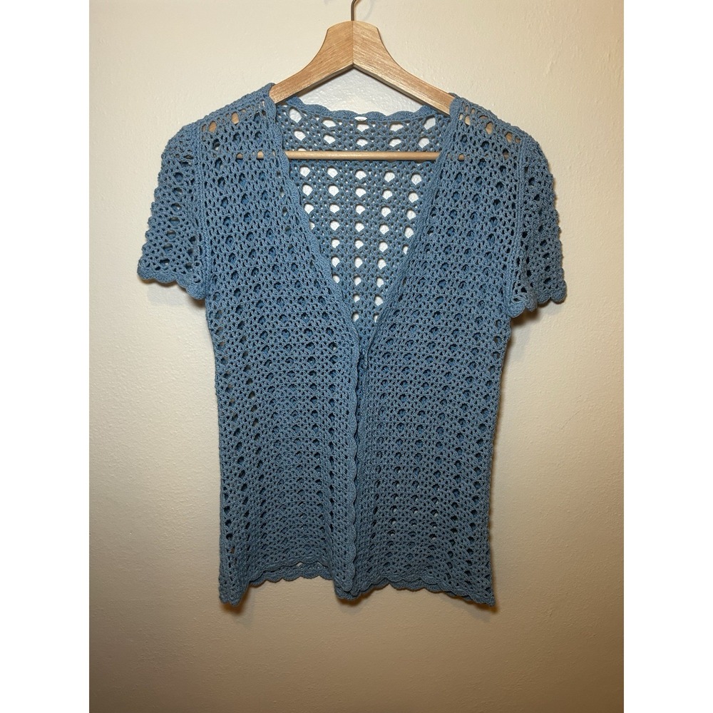 Elizabeth Gillet Knit Crochet Blue Short Sleeve Sweater Cardigan